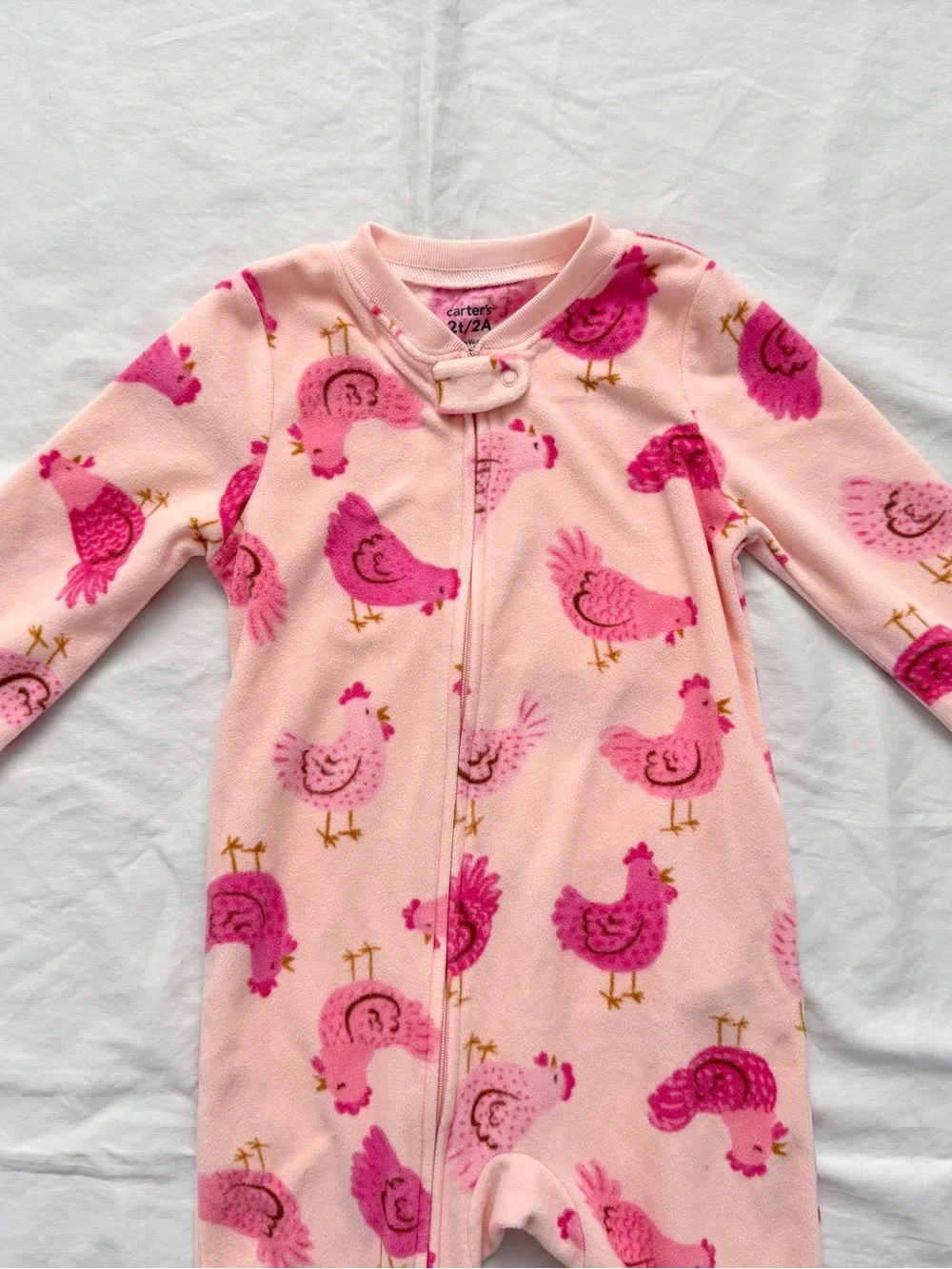 Carters Girls Fleece Bodysuit Pajamas | Pink with Chickens Print | 2T / 2A